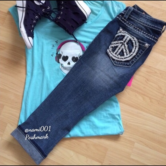 Miss Me Denim - Denim Miss Me Mid-Rise Cuffed Capris Peace Sign Bling NWOT